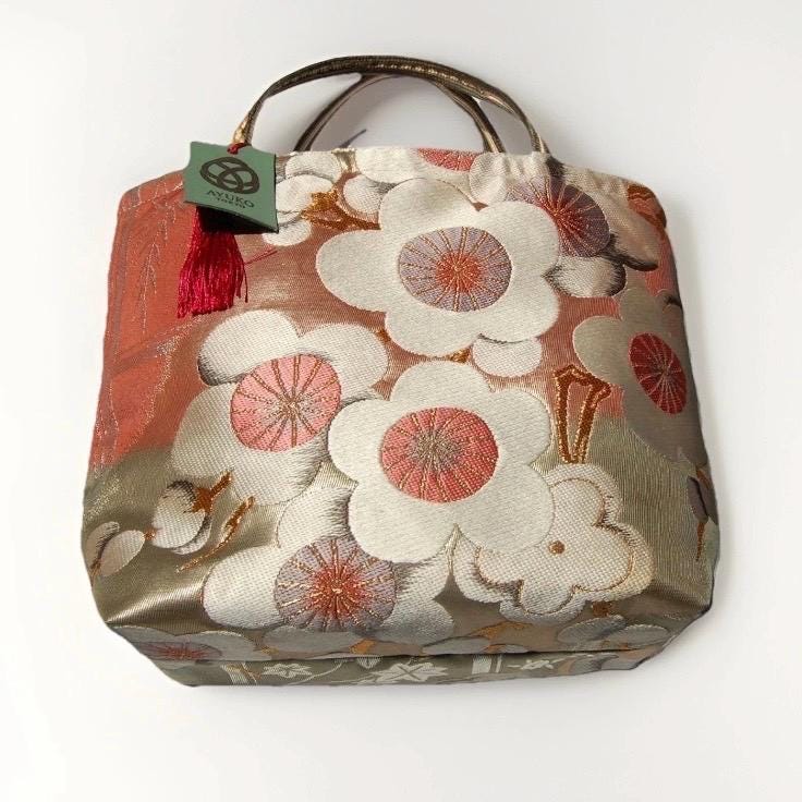 Vintage Fukuro Obi Mini Tote Bag — White & Pink Plum Blossom on Matcha Green Silk