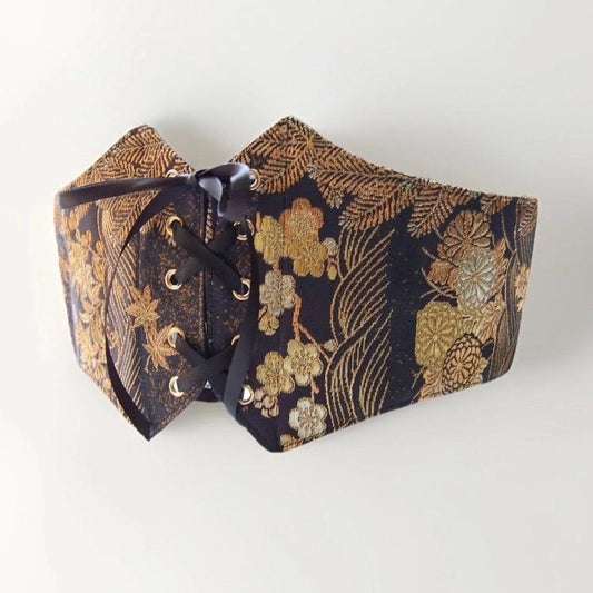 Vintage Fukuro Obi Corset Belt — Gold Botanical on Black Silk