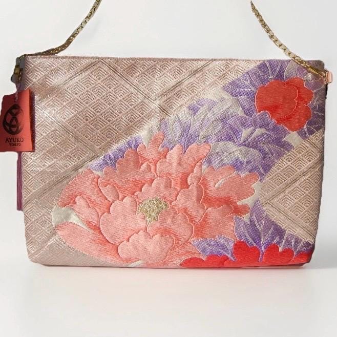 Vintage Fukuro Obi Shoulder Bag — Champagne Pink Peony Silk