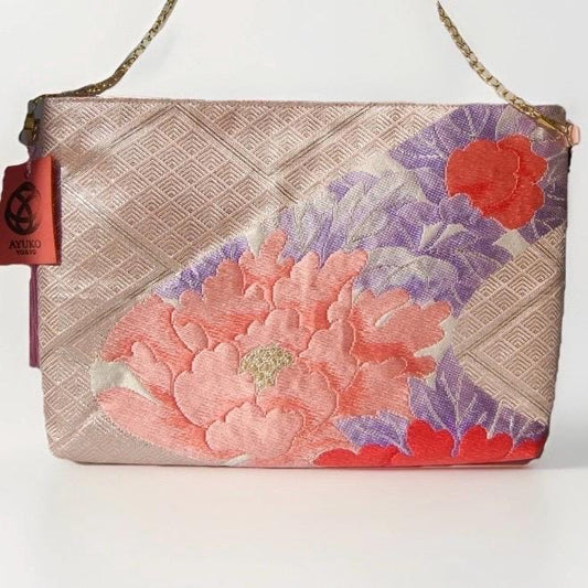 Vintage Fukuro Obi Shoulder Bag — Champagne Pink Peony Silk