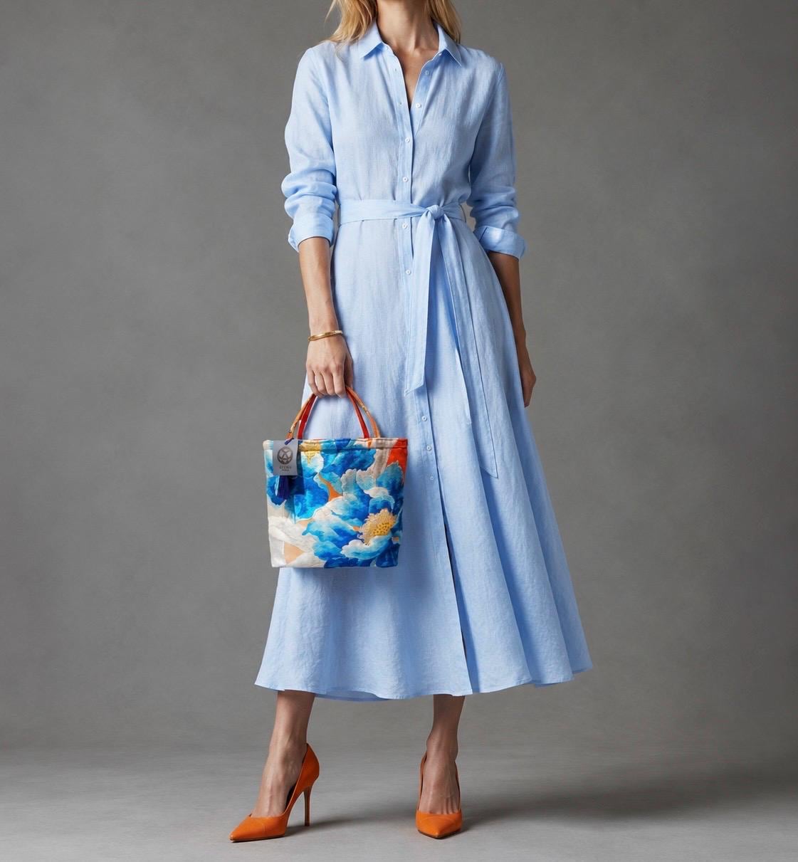 Peony Vintage Obi Silk Tote in Blue Silver Orange — image 2