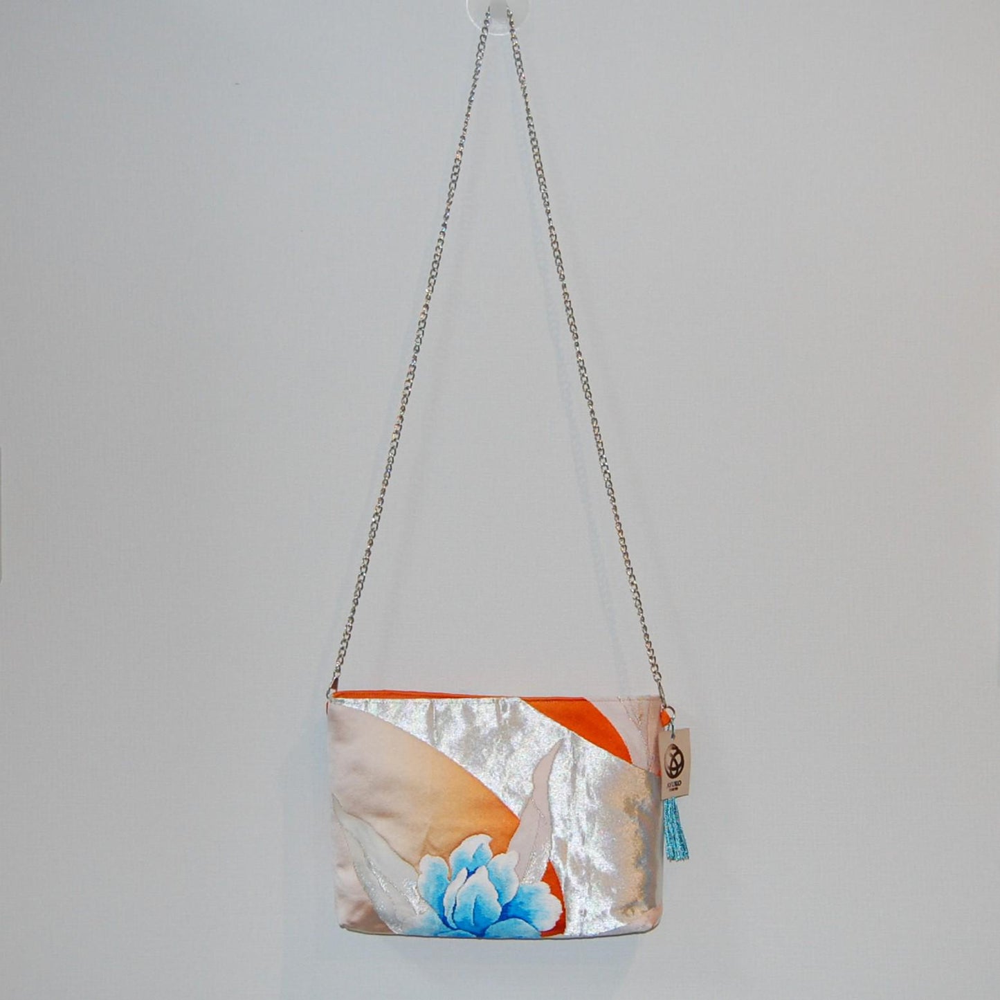 Peony Vintage Obi Silk Shoulder Bag in Light Blue Silver Orange — image 9