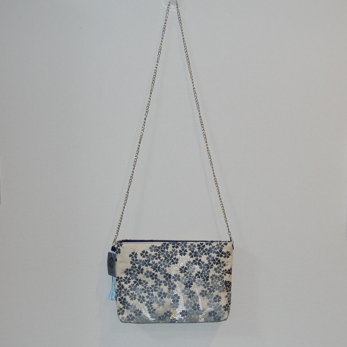 Shidare-Zakura Weeping Cherry Vintage Obi Silk Shoulder Bag in Blue Silver Beige — image 9