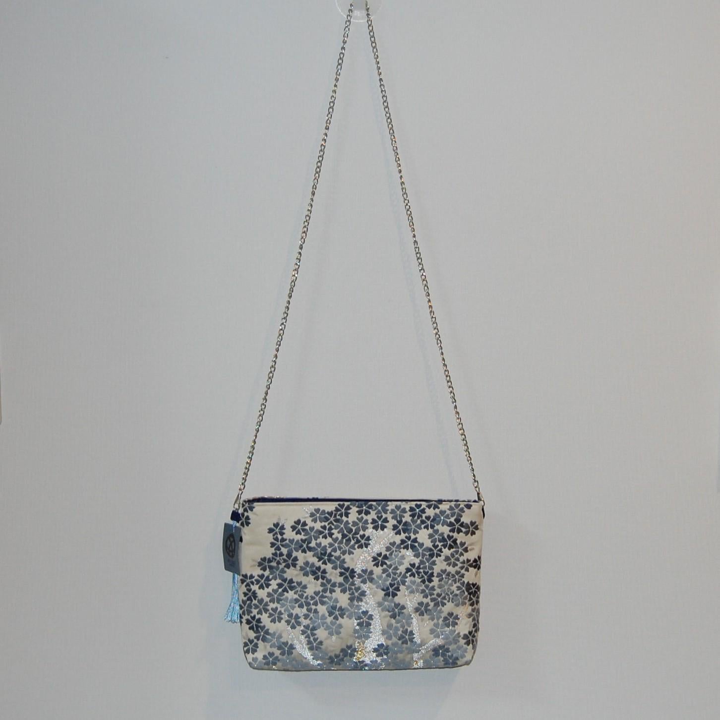 Shidare-Zakura Weeping Cherry Vintage Obi Silk Shoulder Bag in Blue Silver Beige — image 9