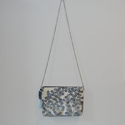 Shidare-Zakura Weeping Cherry Vintage Obi Silk Shoulder Bag in Blue Silver Beige — image 9