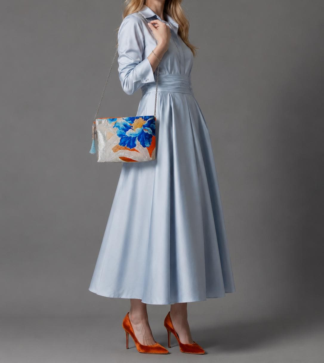 Peony Vintage Obi Silk Shoulder Bag in Light Blue Silver Orange — image 2