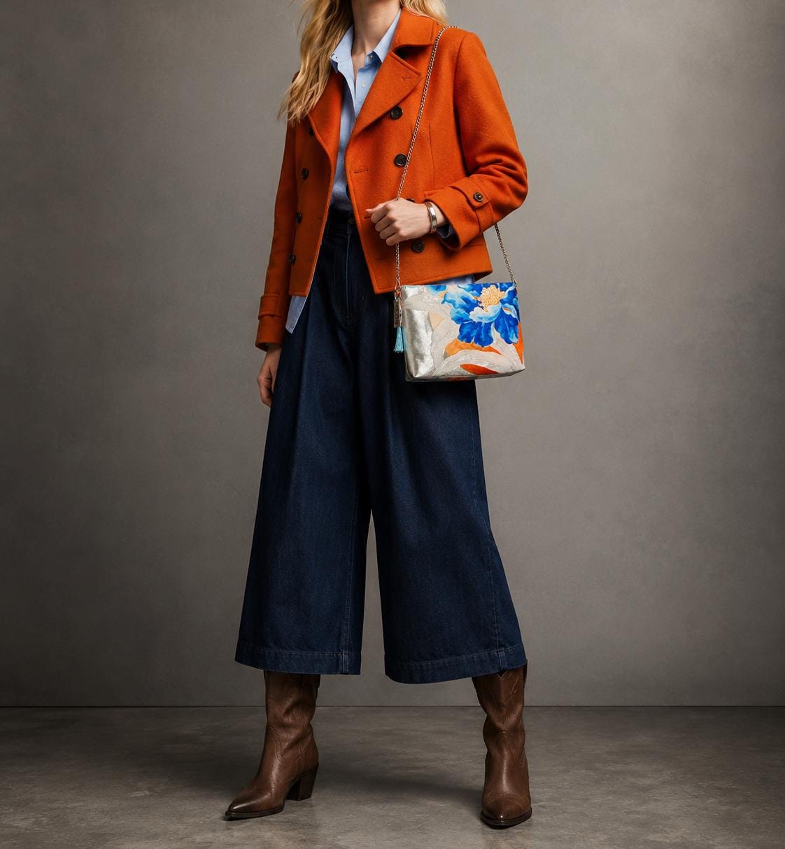 Peony Vintage Obi Silk Shoulder Bag in Light Blue Silver Orange — image 3