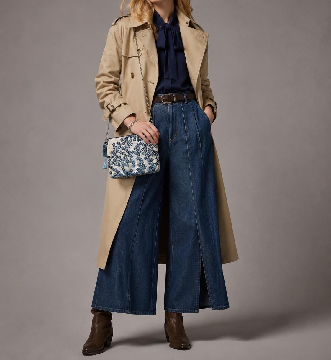 Shidare-Zakura Weeping Cherry Vintage Obi Silk Shoulder Bag in Blue Silver Beige — image 3