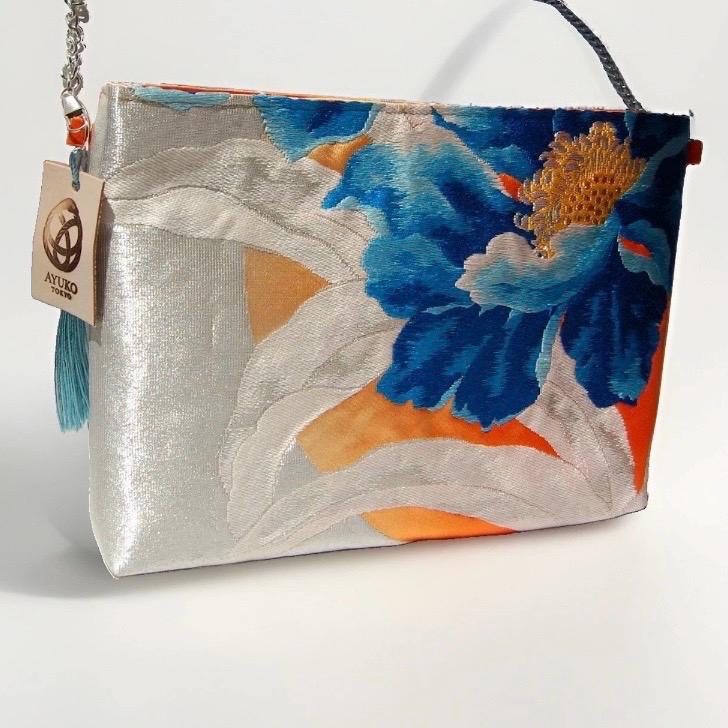 Peony Vintage Obi Silk Shoulder Bag in Light Blue Silver Orange — image 5
