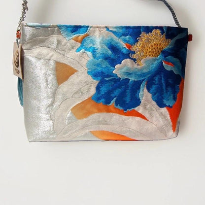 Peony Vintage Obi Silk Shoulder Bag in Light Blue Silver Orange