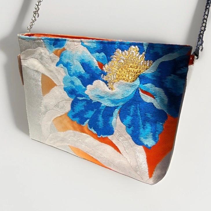 Peony Vintage Obi Silk Shoulder Bag in Light Blue Silver Orange — image 4