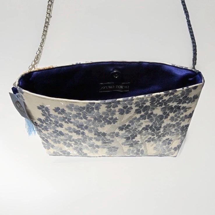 Shidare-Zakura Weeping Cherry Vintage Obi Silk Shoulder Bag in Blue Silver Beige — image 6