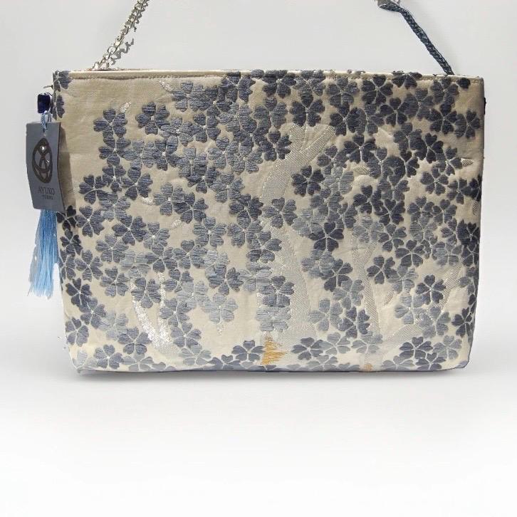 Shidare-Zakura Weeping Cherry Vintage Obi Silk Shoulder Bag in Blue Silver Beige
