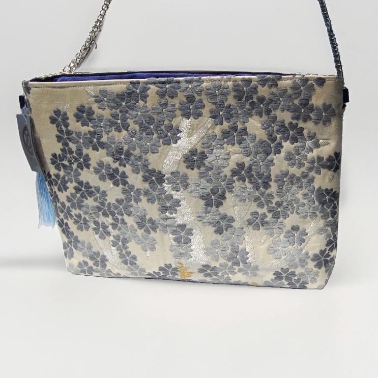 Shidare-Zakura Weeping Cherry Vintage Obi Silk Shoulder Bag in Blue Silver Beige — image 5