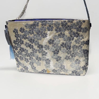 Shidare-Zakura Weeping Cherry Vintage Obi Silk Shoulder Bag in Blue Silver Beige — image 5