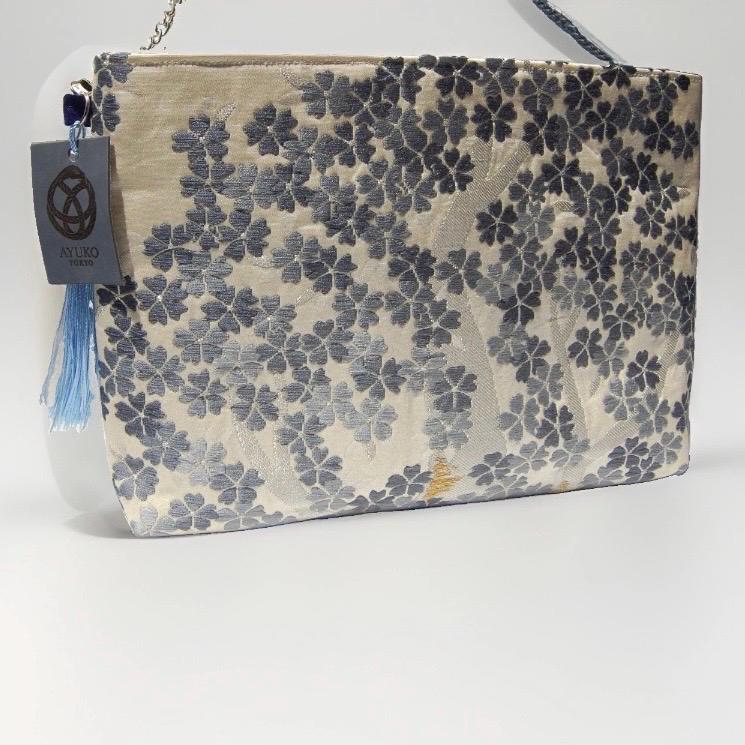 Shidare-Zakura Weeping Cherry Vintage Obi Silk Shoulder Bag in Blue Silver Beige — image 4