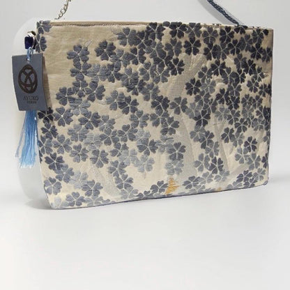 Shidare-Zakura Weeping Cherry Vintage Obi Silk Shoulder Bag in Blue Silver Beige — image 4