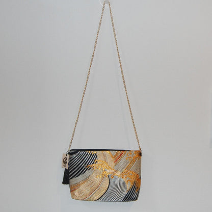 Tatsu-Nami Rising Wave Vintage Obi Silk Shoulder Bag in Black Gold Silver — image 8
