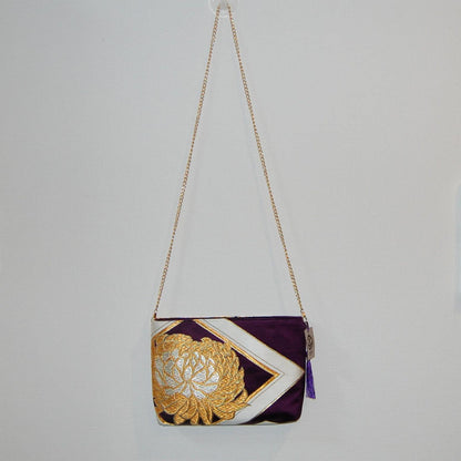 Two-Sided Rangiku 乱菊 & Peony Vintage Obi Silk Shoulder Bag in Gold Purple — image 10
