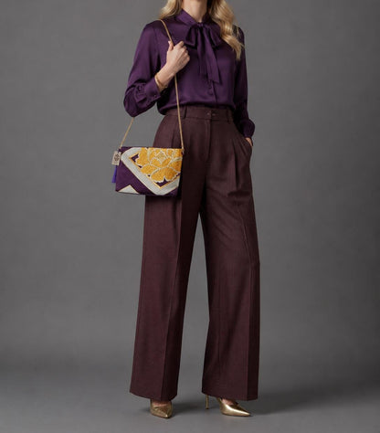 Two-Sided Rangiku 乱菊 & Peony Vintage Obi Silk Shoulder Bag in Gold Purple — image 3