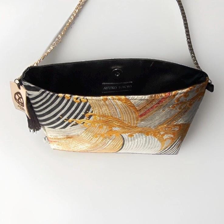 Tatsu-Nami Rising Wave Vintage Obi Silk Shoulder Bag in Black Gold Silver — image 7