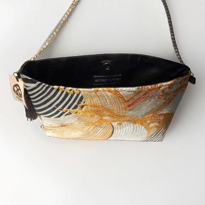 Tatsu-Nami Rising Wave Vintage Obi Silk Shoulder Bag in Black Gold Silver — image 7