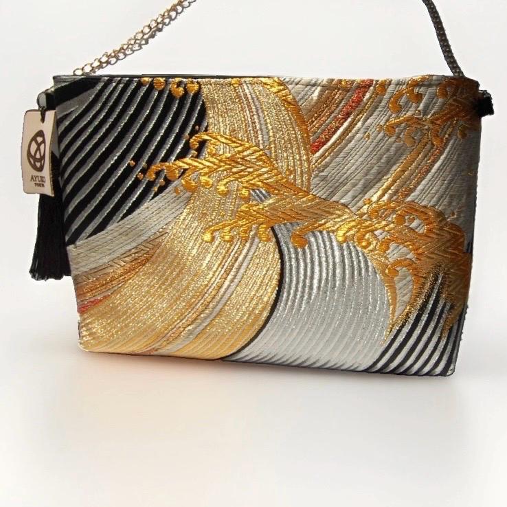 Tatsu-Nami Rising Wave Vintage Obi Silk Shoulder Bag in Black Gold Silver — image 4