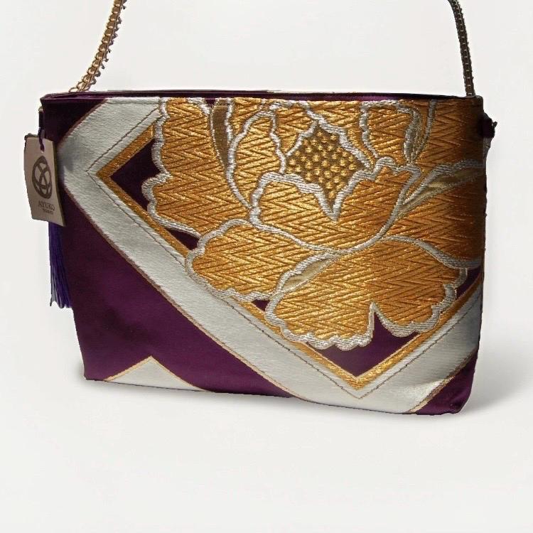 Two-Sided Rangiku 乱菊 & Peony Vintage Obi Silk Shoulder Bag in Gold Purple — image 8