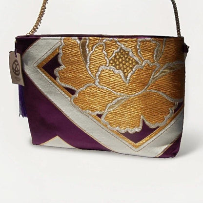Two-Sided Rangiku 乱菊 & Peony Vintage Obi Silk Shoulder Bag in Gold Purple — image 8