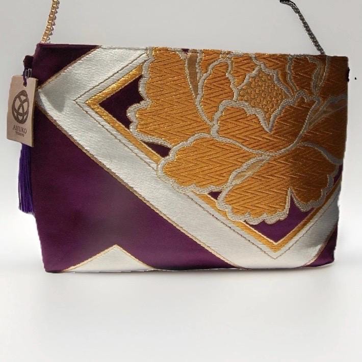 Two-Sided Rangiku 乱菊 & Peony Vintage Obi Silk Shoulder Bag in Gold Purple — image 4