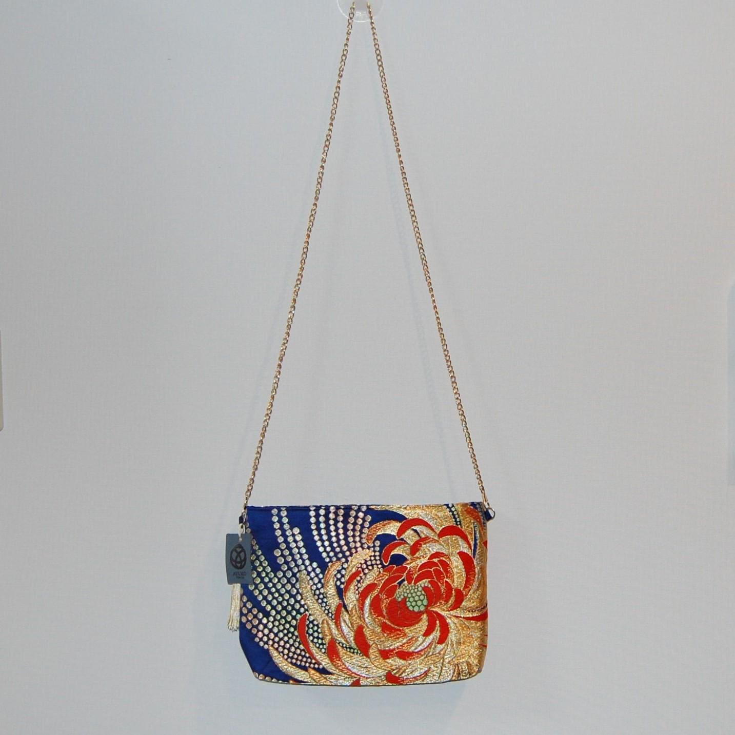 Two-Sided Rangiku 乱菊 Chrysanthemum Vintage Obi Silk Shoulder Bag in Red Gold Navy — image 8