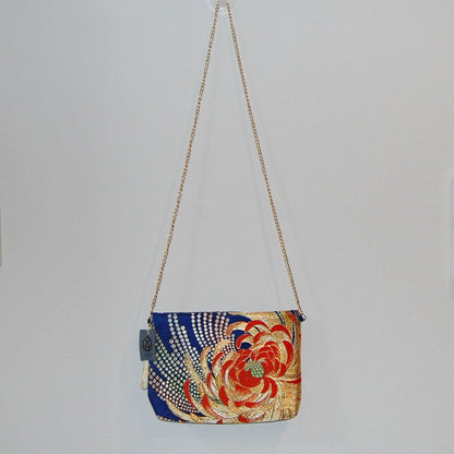 Two-Sided Rangiku 乱菊 Chrysanthemum Vintage Obi Silk Shoulder Bag in Red Gold Navy — image 8