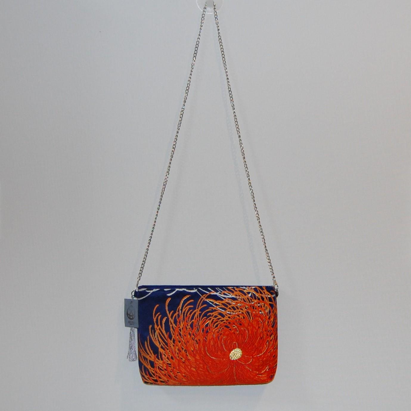 Rangiku 乱菊 Chrysanthemum Vintage Obi Silk Shoulder Bag in Orange Navy — image 7