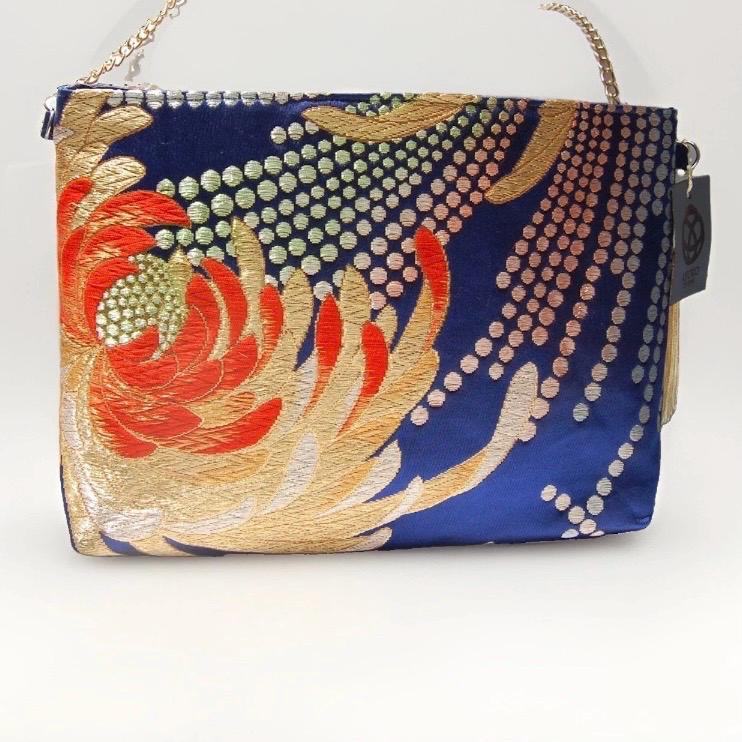 Two-Sided Rangiku 乱菊 Chrysanthemum Vintage Obi Silk Shoulder Bag in Red Gold Navy — image 7