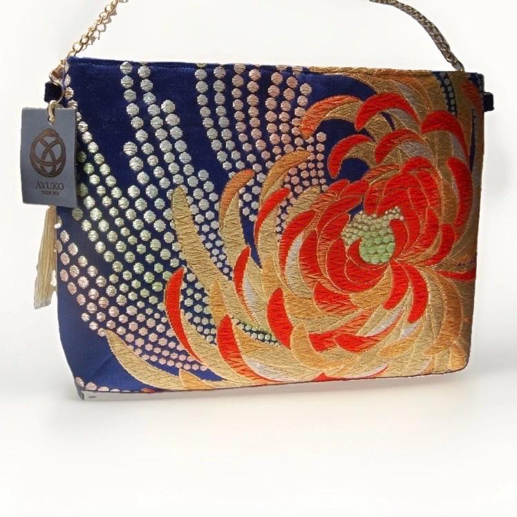 Two-Sided Rangiku 乱菊 Chrysanthemum Vintage Obi Silk Shoulder Bag in Red Gold Navy — image 5