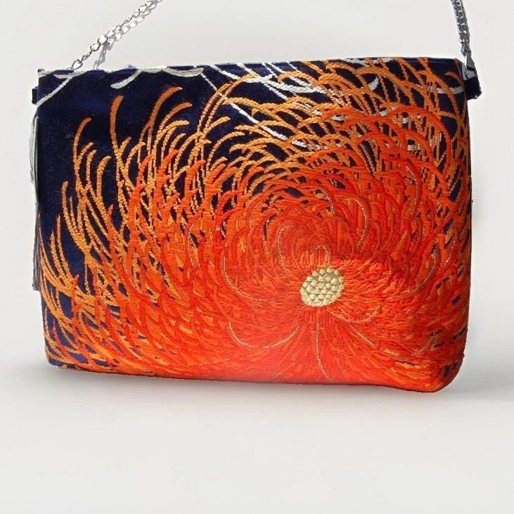 Rangiku 乱菊 Chrysanthemum Vintage Obi Silk Shoulder Bag in Orange Navy — image 4