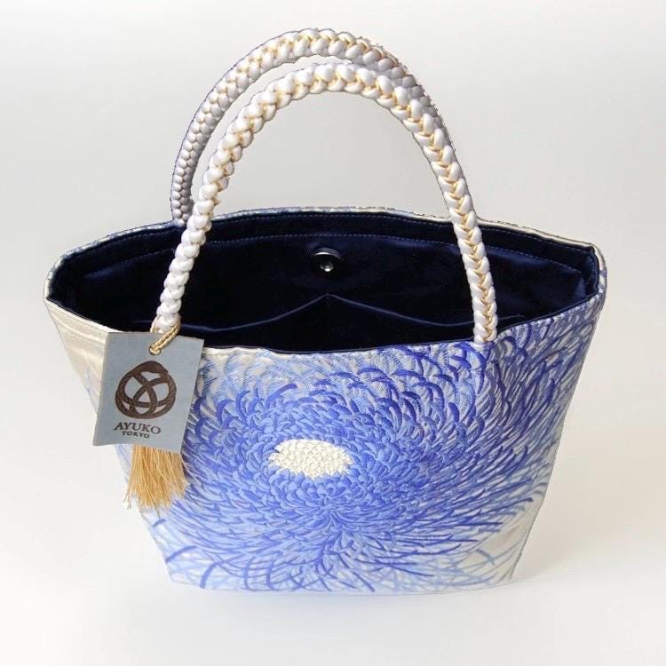 Rangiku 乱菊 Chrysanthemum Vintage Obi Silk Tote in Blue Silver — image 6