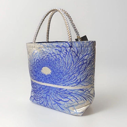 Rangiku 乱菊 Chrysanthemum Vintage Obi Silk Tote in Blue Silver — image 10