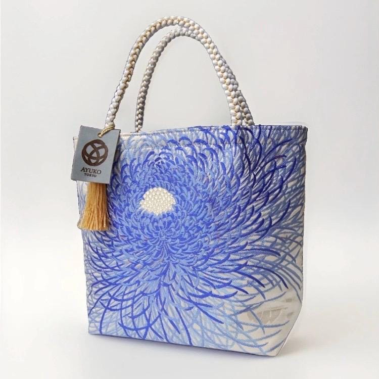 Rangiku 乱菊 Chrysanthemum Vintage Obi Silk Tote in Blue Silver — image 4