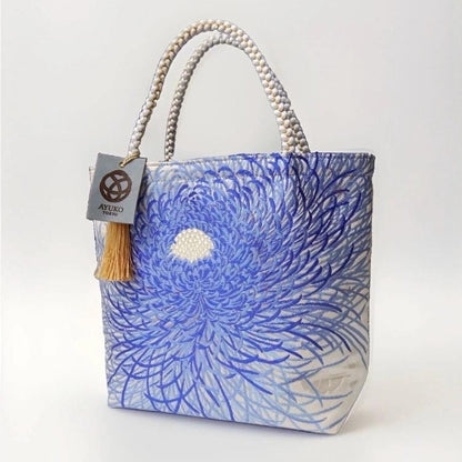 Rangiku 乱菊 Chrysanthemum Vintage Obi Silk Tote in Blue Silver — image 4