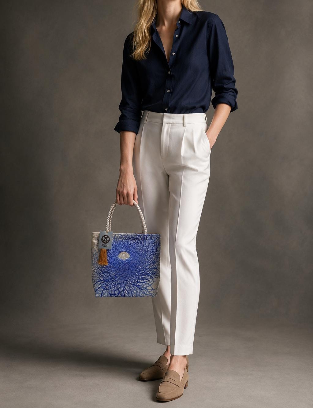 Rangiku 乱菊 Chrysanthemum Vintage Obi Silk Tote in Blue Silver — image 3