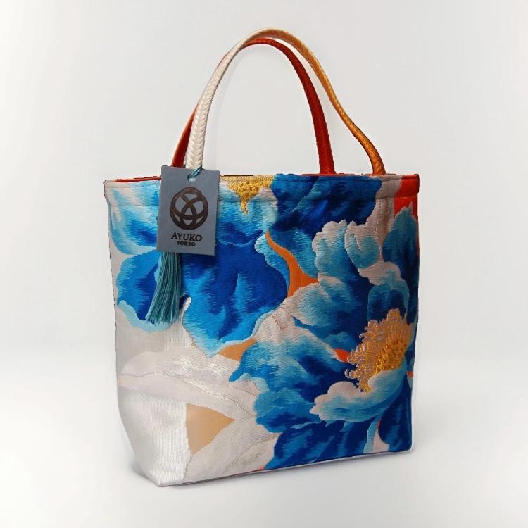 Peony Vintage Obi Silk Tote in Blue Silver Orange — image 4