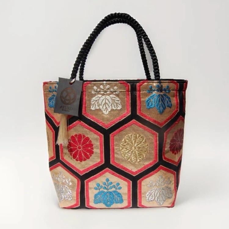 Kikkō Geometric Vintage Obi Silk Tote in Ivory Gold Vermilion Black Blue