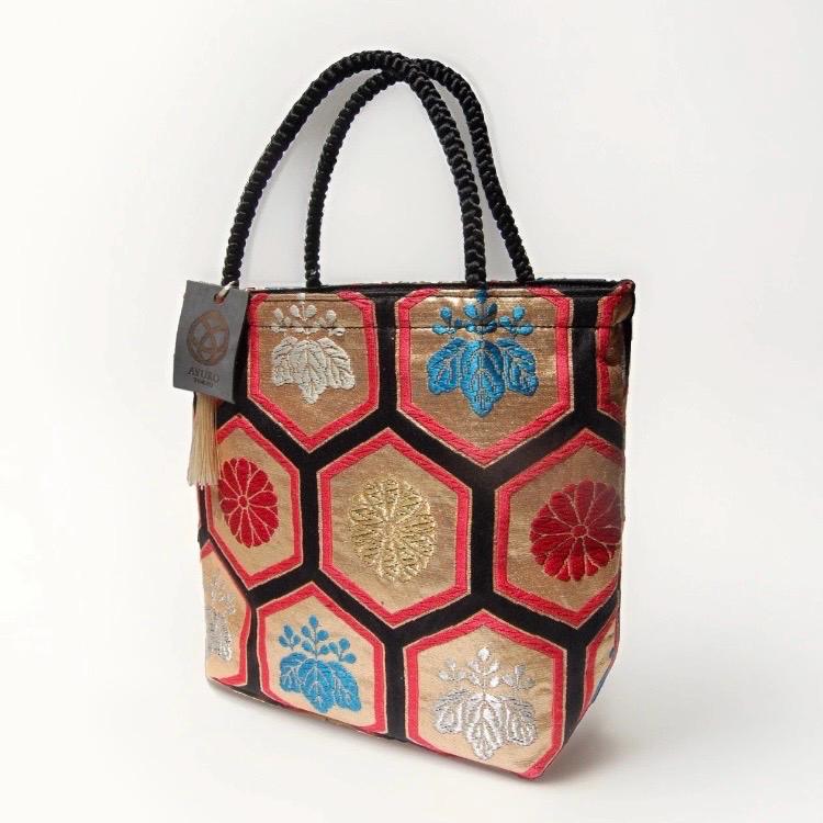 Kikkō Geometric Vintage Obi Silk Tote in Ivory Gold Vermilion Black Blue — image 4
