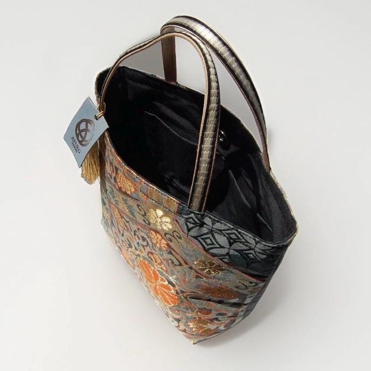 Kikkō Chrysanthemum Vintage Obi Silk Tote in Navy Gold Orange — image 10