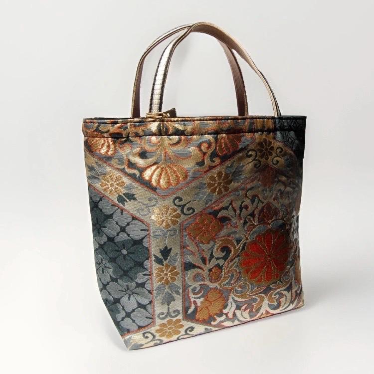 Kikkō Chrysanthemum Vintage Obi Silk Tote in Navy Gold Orange — image 8