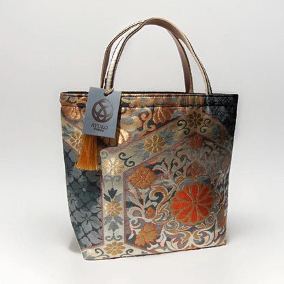 Kikkō Chrysanthemum Vintage Obi Silk Tote in Navy Gold Orange — image 6