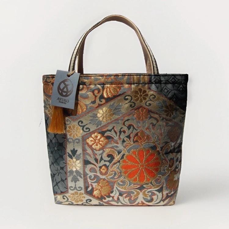 Kikkō Chrysanthemum Vintage Obi Silk Tote in Navy Gold Orange
