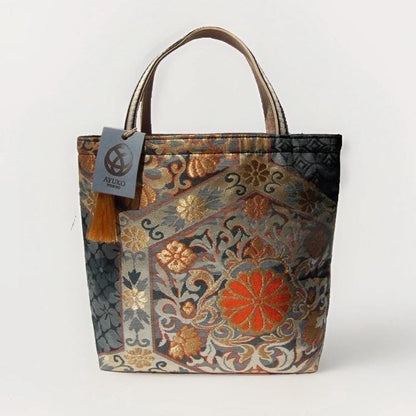 Kikkō Chrysanthemum Vintage Obi Silk Tote in Navy Gold Orange