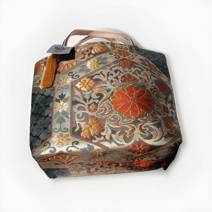 Kikkō Chrysanthemum Vintage Obi Silk Tote in Navy Gold Orange — image 9